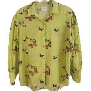 Sundays Butterfly Blouse Womens  Spring Button Up Collar Semi Sheer L Colorful